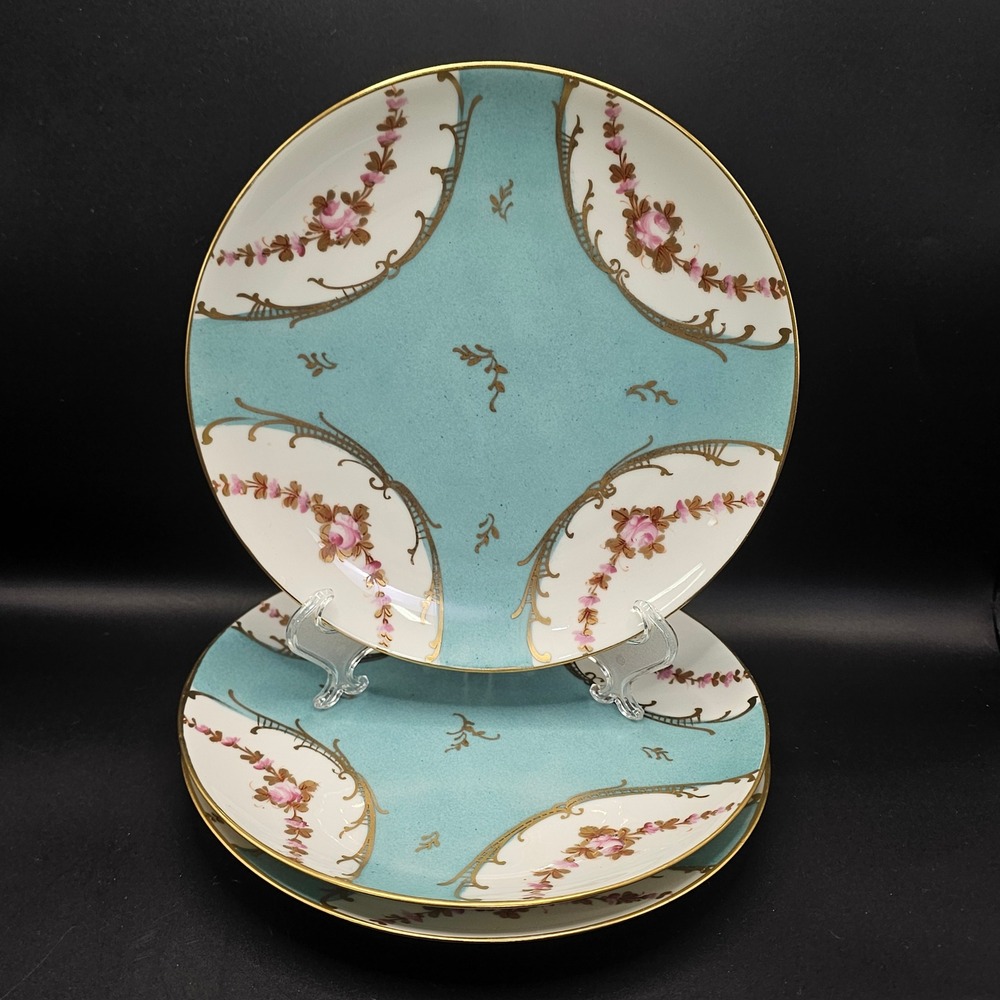Antique Hand Painted Limoges France Rose Gilt Cabinet Plates Set 3 Aqua Floral